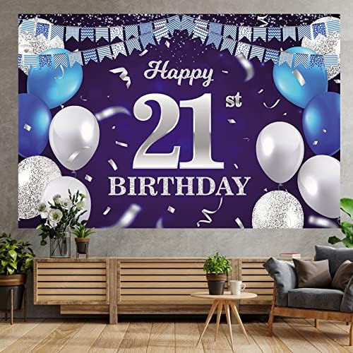 Mutlu 21st doğum günü Banner zemin lacivert balonlar konfeti şerit bayrak ışık noktalar Şerefe için 21 yaşında Tema