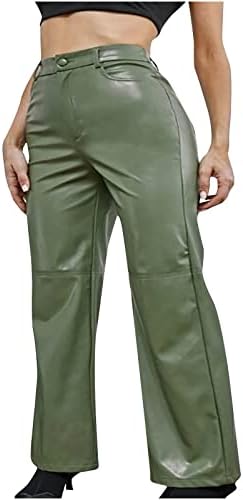 Kadın PU Deri Uzun Pantolon Katı Suni Deri Yüksek Bel Düz Bacak Pantolon Vintage 90s Streetwear Pantolon cep