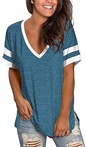 Kadın Kısa Kollu V Boyun Gömlek Gevşek Casual Tee T-shirt Yan Bölünmüş Tunik Üstleri Rahat Gevşek Fit Gömlek Tee Tops