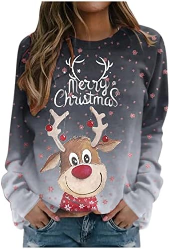 Bayan Merry Christmas Üstleri Sevimli Ren Geyiği Baskı Tişörtleri Uzun Kollu Kazak Casual Crewneck Hediye Kazak Kadınlar