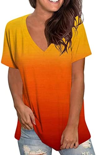 HGCCGDU 2023 Yaz V Boyun Üstleri Kadın Şık Rahat Kısa Kollu Baggy Tunik Üstleri Degrade Batik Temel Tee Gömlek Bluz