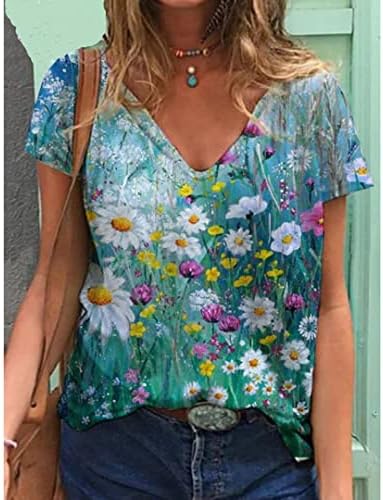 Bayan Yaz Üstleri Şık Rahat Çiçek Baskılı Baggy V Boyun Kısa Kollu Fit Günlük Gevşek Tees Bluzlar