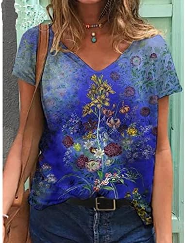 Bayan Yaz Üstleri Şık Rahat Çiçek Baskılı Baggy V Boyun Kısa Kollu Fit Günlük Gevşek Tees Bluzlar