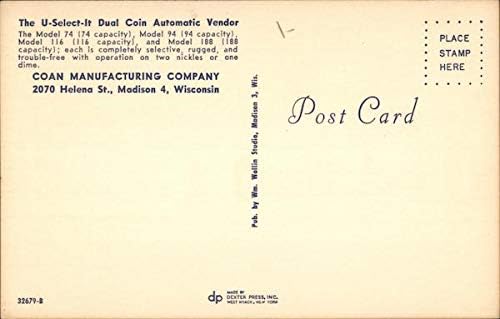 U-Select-It Çift Jetonlu Otomatik Satıcı-Coan Manufacturing Company WI Orijinal Vintage Kartpostal