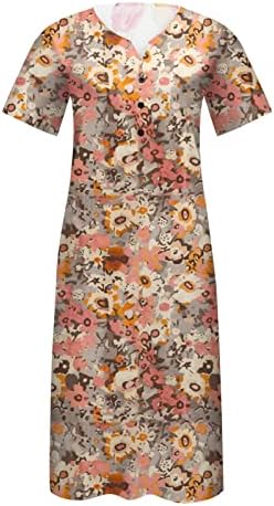 NOKMOPO Kadın Elbise Casual Düğme - Up Düz Renk Baskılı Küçük V Yaka Gevşek Kısa Kollu Elbise Resmi Elbiseler