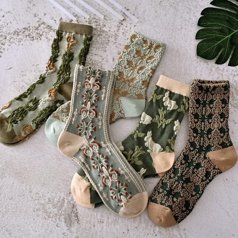 ZHITE 5 Pairs Çiçek Çorap Kadın İskandinav Şerit Dokulu Çiçek Pamuk Çorap, kızlar Vintage Sevimli Çiçek Tatlı Çorap