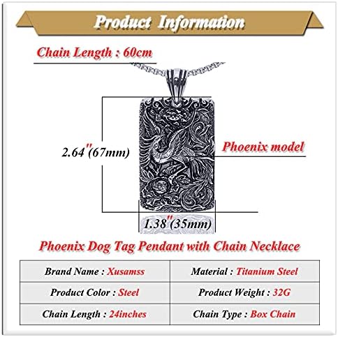 Xusamss Titanyum Çelik Hayvan Phoenix Köpek Etiketi Kolye Kolye, 24 inç Kutu Zinciri