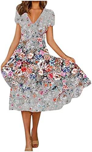 NOKMOPO Bayan Elbiseler Güz 2023 Yaz Rahat Moda Çiçek Baskı Kısa Kollu V Yaka askı elbise