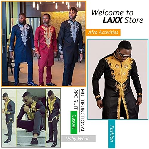 LAXX erkek 2 Parça Afrika Takım Elbise Seti, Geleneksel Tribal Desen Altın Baskı Overshirt, uzun Kollu Üst ve Pantolon