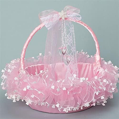 SJYDQ Çiçek Kız Basket Düğün Küçük Saten Sarılmış Sepetleri Dantel ve Temizle Kalp Kolye Dekorasyon (Renk: E, Boyutu: