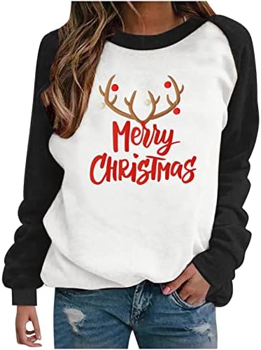 Ruzıyoog Merry Christmas Kazak Kadınlar için Patchwork Uzun Kollu Baskı Kazak T Shirt Gevşek Fit Raglan Tunik Bluz