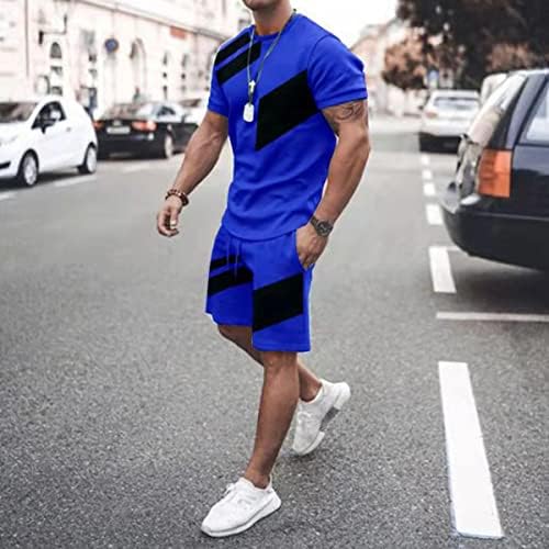 Rahat Spor Seti Erkek İki Parçalı Takım Elbise Colorblock O-boyun Kısa Kollu Fit Tee Gömlek Kısa Gevşek Seti Cep