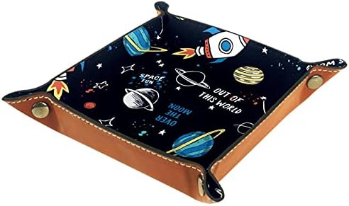 Karikatür Uzay Roket Gezegen Yıldız Pratik Mikrofiber Deri Depolama Tepsisi - Ofis Masası Tepsisi Başucu Caddy Depolama