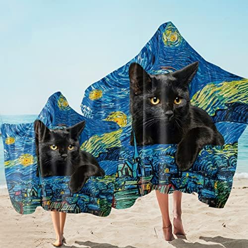 Sleepwish Yıldızlı Gece Siyah Kedi Kapüşonlu Havlu Yıldızlı Gece Siyah Kedi Ultra Yumuşak Kapüşonlu Havlu Sarma Erkek