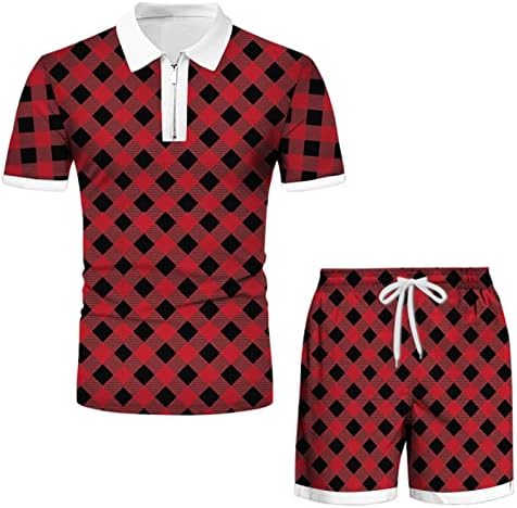 XXBR Erkek Yaz 2 Parça Setleri Ekose Baskı Kısa Kollu Zip polo gömlekler golf şortu seti Rahat Fit Rahat Kıyafet