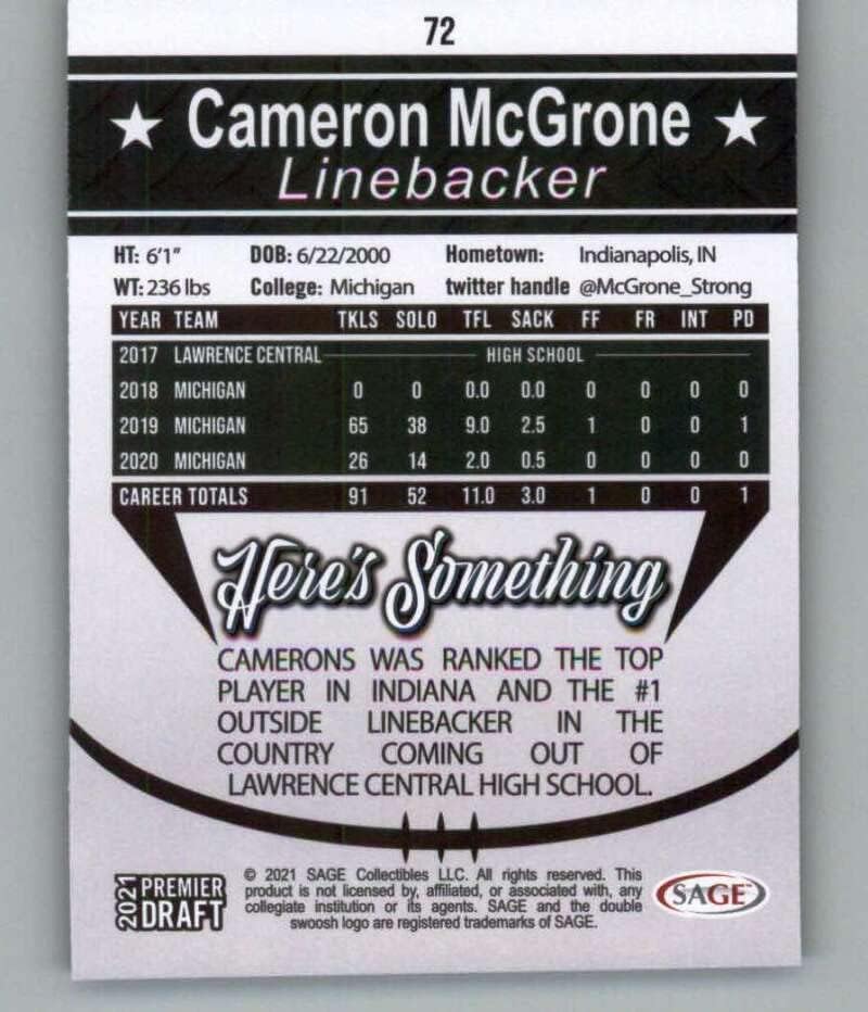 2021 ADAÇAYI Hit Premier Taslak Gümüş 72 Cameron McGrone RC Çaylak Michigan Wolverines Futbol Ticaret Kartı