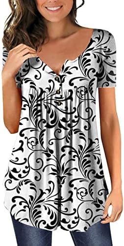 Vintage Baskı Tunikler Kadınlar için Karın Gizleme Gömlek Tops Gevşek Fit Yaz Rahat Kısa Kollu Düğme V Boyun Bluzlar