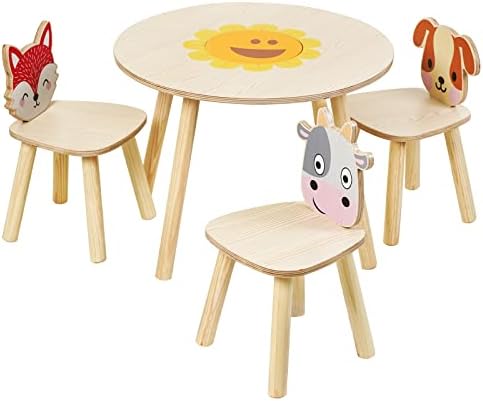 Xylolin Ahşap Çocuk Masa ve Sandalye Seti, Yeni Yürümeye Başlayan Çocuklar için Hayvan Temalı Sandalyelerle 4 Adet
