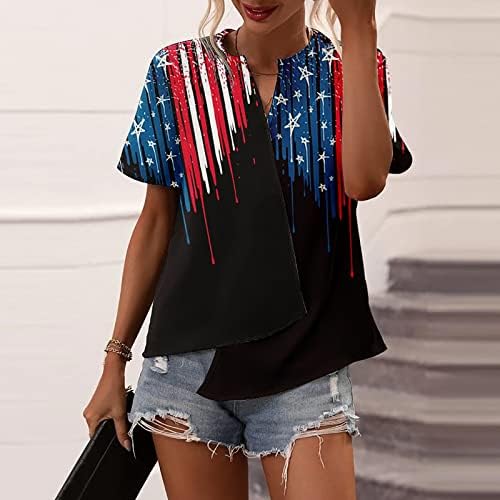 Vatansever Gömlek Kadınlar için ABD Bayrağı T Shirt Düzensiz Hem V Yaka Kısa Kollu Bluzlar Yıldız Çizgili Kravat Boya
