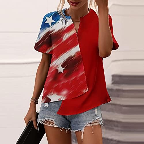 4th Temmuz Gömlek Kadın Amerikan Bayrağı Tshirt Düzensiz Hem V Yaka Kısa Kollu Bluzlar Yıldız Çizgili Kravat Boya