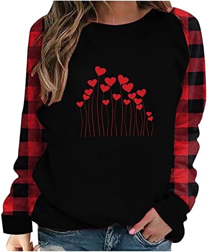 Aşk Kalp Grafik Kadınlar için Tops, kadın Moda Patchwork Sevimli Buffalo Ekose Uzun Kollu Tunik Kazak Bluz Tops