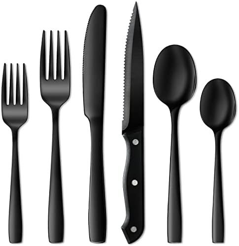 NETANY 24 Adet Siyah Gümüş Set, Siyah Sofra Takımı Seti, Gıda Sınıfı Paslanmaz Çelik çatal bıçak kaşık seti 4, Sofra