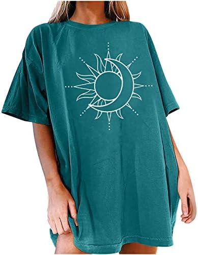 Bayan Büyük Boy T Shirt Güneş ve Ay Grafik Bluzlar Kısa Kollu Gömlek Crewneck Gevşek Fit Flowy Tunik Tees Tops