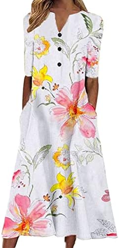 Çiçek uzun elbise Kadınlar için Düğme V Yaka Elbiseler Kısa kollu günlük t-Shirt Elbise Boho Maxi Elbise Cepler ile