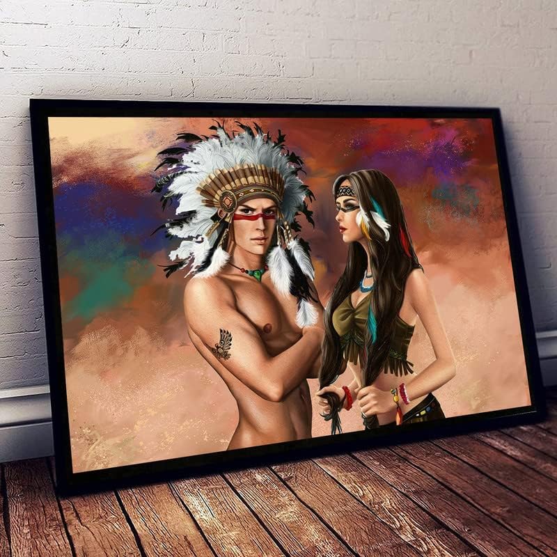 MOBAAK Kızılderili Tuval Duvar Sanatı Hintli Kadın ve Erkek Posteri Kızılderili Şefi Çift Sevgilisi Tuval baskı tablo