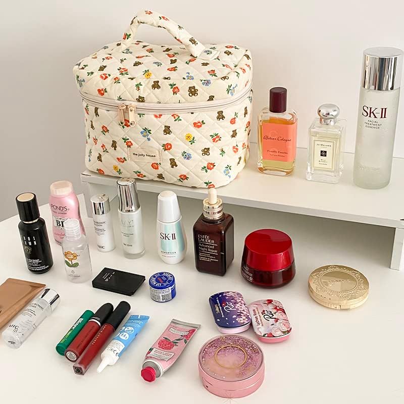 FlyGift Kozmetik Çantaları Kadınlar için Sevimli makyaj çantası Pamuk Kapitone kozmetik torbası Coquette Estetik Çiçek