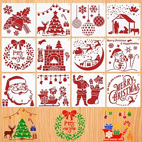 Keazıu 12 Set Ahşap üzerine Boyama için Noel Şablonları Yeniden Kullanılabilir 5x5 İnç Ev Yapımı Fırın Rustik Tabela