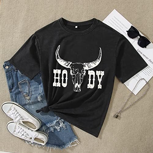 IZYJOY Merhaba Ülke Boy T Shirt Kadın Güney Boho Inek Kafatası Rodeo Gömlek Batı Cowgirl Tee Vintage Kovboy Tops