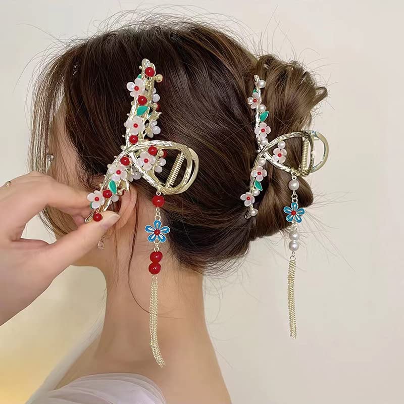 Çin Tarzı Renkli Çiçek Püskül Kolye Uzun Saç Klipleri Geometrik Metal Tokalar Headdress Kadın Aksesuarları T0246