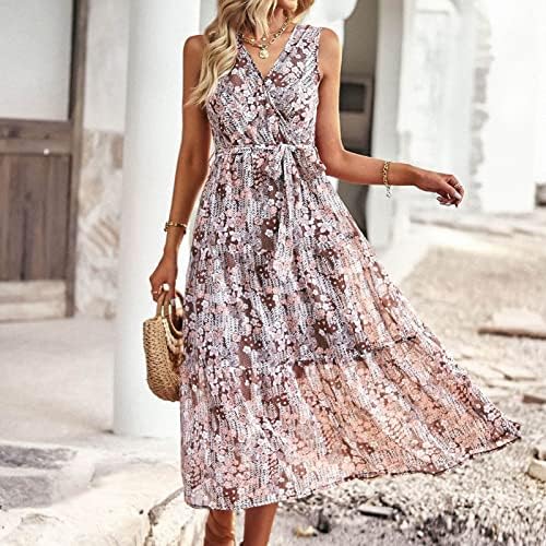 Bayan Maxi Elbiseler 2023 Yaz Kolsuz V Boyun Allover Boho Çiçek Baskı bir çizgi elbise Kravat Ön Plaj Pilili uzun