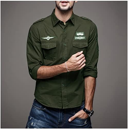 Erkekler Elbise Gömlek Moda Artı Boyutu Uzun Kollu Yaka Askeri Taktik Bluz Üst Hırka Kargo İş Rahat Gömlek