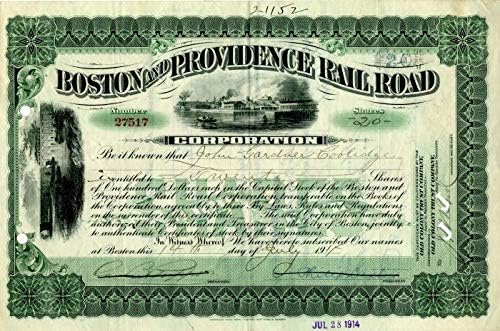 Boston ve Providence Rail Road Corporation, John Gardner Coolidge'e Verildi-Stok Sertifikası
