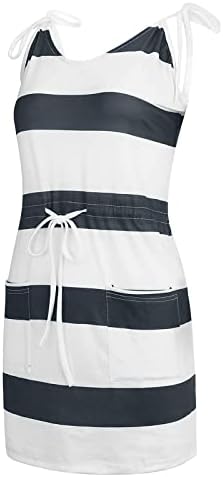 Kadın Kolsuz Gömlek Elbise Çizgili Halter Askı Plaj Mini Yensiz Cepler İpli Rahat Kısa Elbise