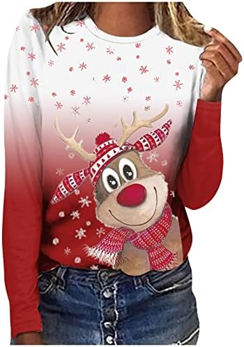 AnniYA Kış Giysileri Kadın O-Boyun Noel Baskı T Shirt Gömme Artı Boyutu Bayan Noel Kazak