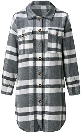 Usumıng Uzun Kollu Ekose Uzun Gömlek Ceket Kadınlar için Yaka Yaka Düğme Aşağı Gevşek Klasik Pazen Ceket