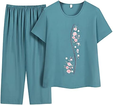 2 Parça Kıyafetler Kadınlar için Artı Boyutu Yaz Gevşek Yaşlı Kısa Kollu Tee Gömlek ve Pantolon Salonu Setleri Rahat