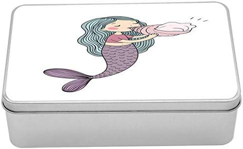 Ambesonne Denizkızı Metal Kutu, Deniz Kabuğu Mitolojik Sualtı Neşeli Çocukluk Karakteri, Kapaklı Çok Amaçlı Dikdörtgen