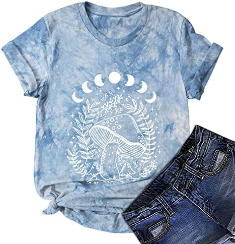 Bayan Üstleri Güneş Ay Mantar Gömlek Sevimli Kravat Boya Gevşek Fit Bluz Kısa Kollu Crewneck T Shirt Şık Rahat Tunikler