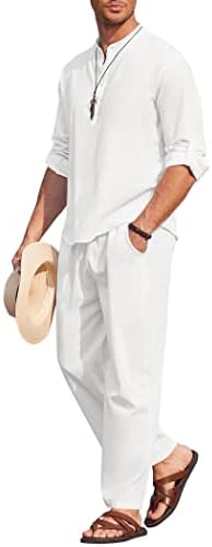 COOFANDY erkek 2 Adet Pamuk Keten Set Uzun Kollu Henley Gömlek Casual Plaj cepli pantolon Yaz yoga kıyafetleri