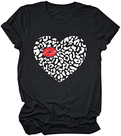 Sevgililer Günü T Shirt Kadınlar için Yaz Üstleri Kısa Kollu Sevimli Temel Tee Casual Tatil Leopar Kalp Baskı Tunik