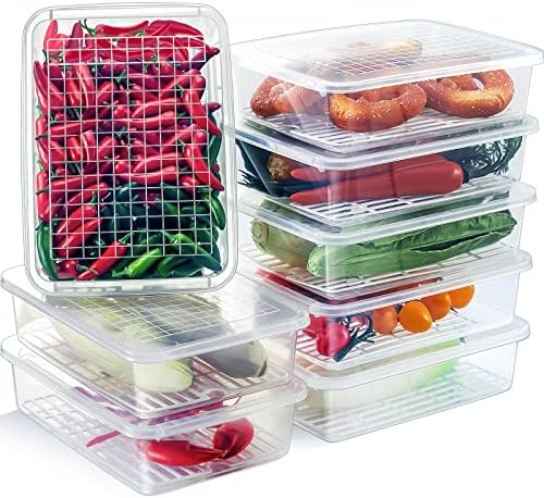 Kapaklı ve Çıkarılabilir Drenaj Plakalı Buzdolabı için 8 Paket Meyve Saklama Kabı 2.5 L İstiflenebilir Sebze Gıda