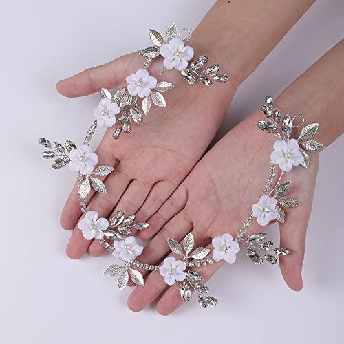 Teyglen Gelin Çiçek Kafa Saç Vine İle Kristal İnciler Çiçek Gümüş Yaprak Kafa Bandı El Yapımı Çiçek Saç Parçaları