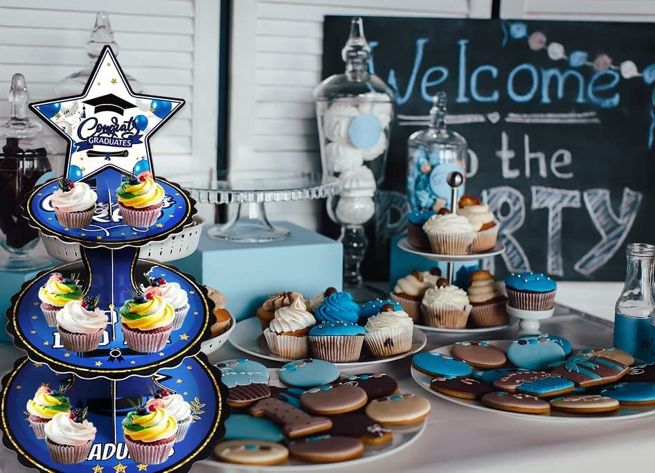 ALİBBON Mezuniyet Cupcake Standı, 3 Katmanlı Yuvarlak Karton Kek Standı Kulesi, 2023 Sınıfı Mavi Tatlı Standı Tutucu,