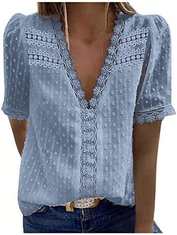 Kadın yazlık gömlek ve Üstleri Kısa Kollu V Boyun Dantel Tığ Tunik Üstleri Flowy Casual Bluz Gömlek Düz Renk T Shirt