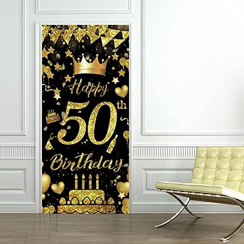 Mocossmy Mutlu 50th Doğum Günü Kapı Afiş, Büyük Siyah ve Altın Mutlu Doğum Günü Kapı Kapak Sundurma Fotoğraf Arka