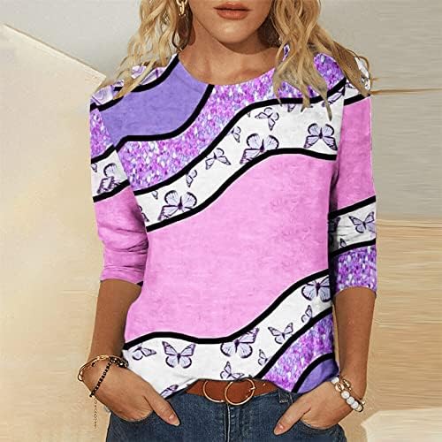Moda üst giyim Kadınlar için Her Yerde Renkli Baskı T-Shirt Yuvarlak Boyun 3/4 Kollu Bluz 2023 Yaz Casual Gömlek